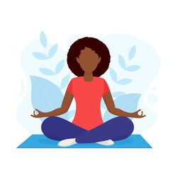 A woman with curly short hair meditating and sitting on a rug. Illustration for yoga, meditation, and healthy lifestyle. Vector illustration in flat cartoon style.