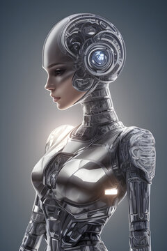 Robotic female body, artificial intelligence concept. The face of a young woman. Total control, limitations, loss of self, computer technology in everyday life. generative AI
