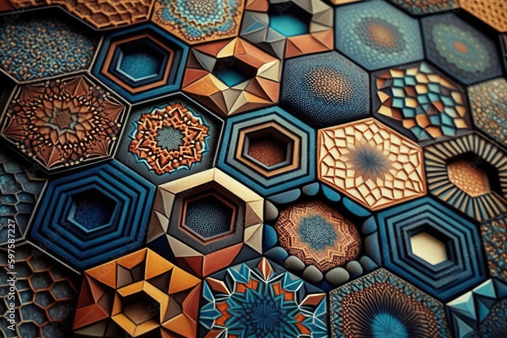 Aufkleber mosaic art abstract background in hexagonal shape. distinct generative ai image.