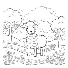 Kids coloring page of a sheep in the meadow that is blank and downloadable for them to complete. Hand drawn sheep outline illustration. Animal doodle outline realistic illustration. Creative AI