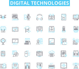 Digital technologies linear icons set. Innovation, Automation, Interactivity, Connectivity, Integration, Optimization, Virtuality line vector and concept signs. Artificial Intelligence,Cybersecurity