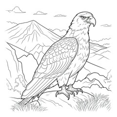 Fototapeta premium Kids coloring page of an eagle on the hill that is blank and downloadable for them to complete. Hand drawn eagle outline illustration. Animal doodle outline realistic illustration. Creative AI