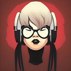 Portrait of a woman illustration, wear headphones, blond hair, rock grunge style, red background, ai generated and digitality hand painted with textures.