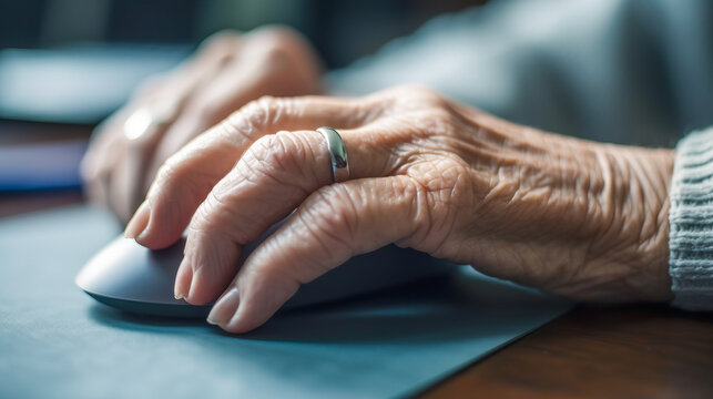 Elderly woman using computer mouse at home. Close up of hands. Generative AI
