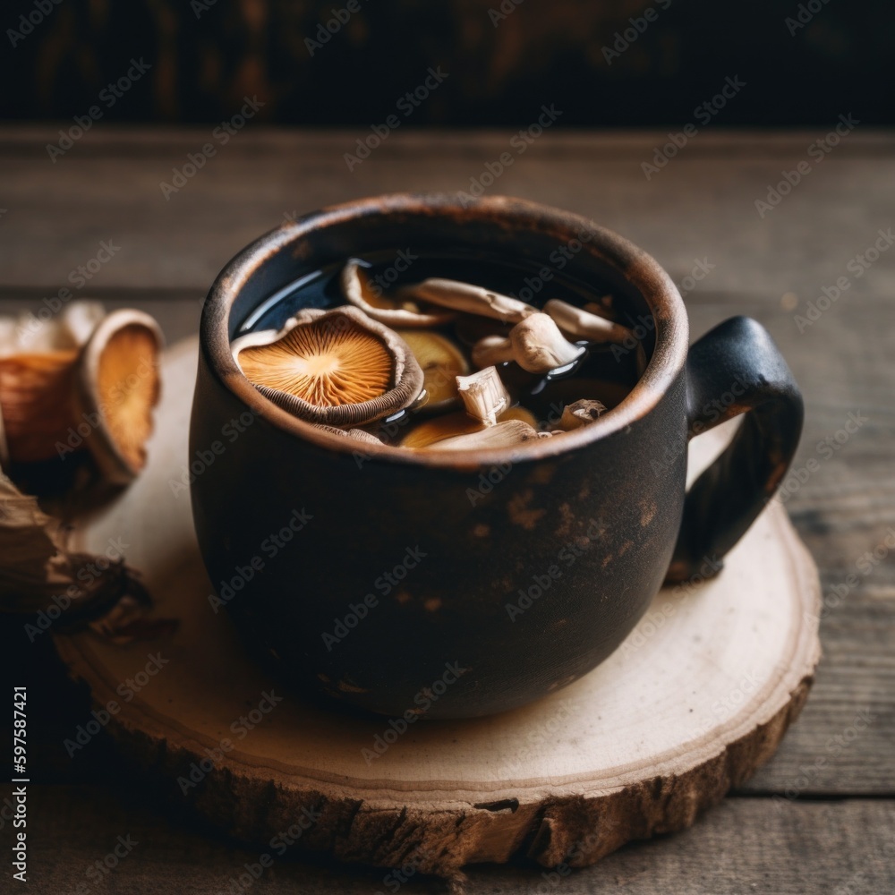 Poster a cup of soup with mushrooms and mushrooms in it. ai generative image.