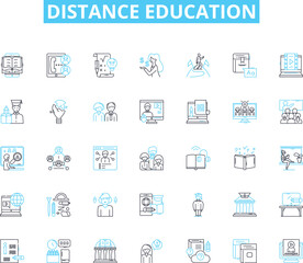 Distance education linear icons set. E-learning, Online, Digital, Virtual, Remote, Videoconferencing, Telecommunication line vector and concept signs. Internet-based,Cyberlearning,MOOCs outline