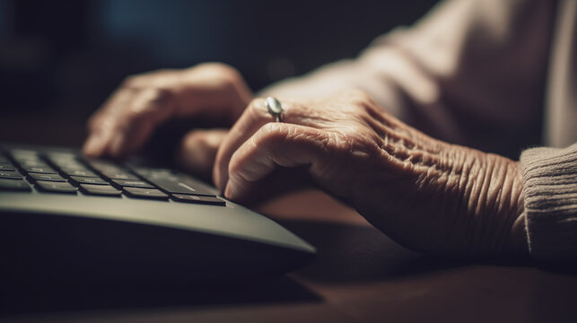 Elderly woman using computer at home. Focus on hand. Generative AI
