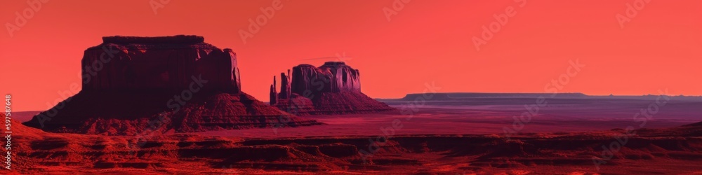Poster a view of a desert with a red sky in the background. ai generative image.