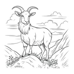 Kids coloring page of a goat on the hill that is blank and downloadable for them to complete. Hand drawn goat outline illustration. Animal doodle outline realistic illustration. Creative AI