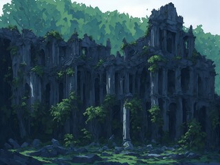 Obraz premium Image of castle or temple ruins against a backdrop of green forest