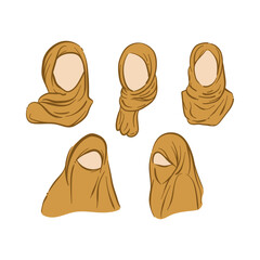 Muslimah women head with hijab and veil purdah abaya. Arabic islamic woman portrait beautiful drawing illustration collection