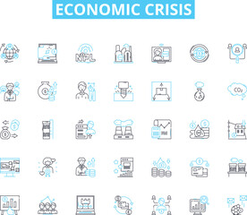 Economic crisis linear icons set. Recession, Depression, Inflation, Deflation, Bankruptcy, Default, Unemployment line vector and concept signs. Poverty,Devaluation,Bailout outline illustrations