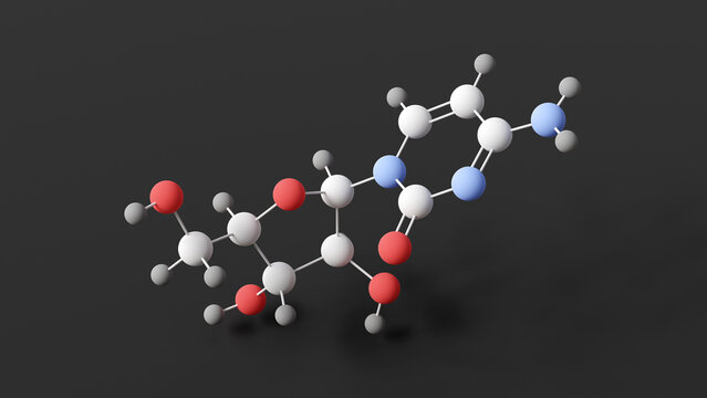 cytarabine molecule, molecular structure, antineoplastic agents, ball and stick 3d model, structural chemical formula with colored atoms