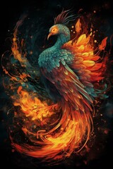 Majestic phoenix, vibrant flames, mythical creature, rebirth symbolism, breathtaking colors, ethereal scene, high-resolution illustration