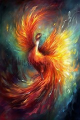 Majestic phoenix, vibrant flames, mythical creature, rebirth symbolism, breathtaking colors, ethereal scene, high-resolution illustration