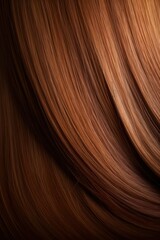 A closeup view of a bunch of shiny straight reddish brown hair in a wavy curved style. Generative AI