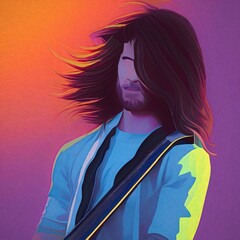 Portrait of a man, long brown hair, rock grunge style, wear guitar strap, ai generated and digitality hand painted with textures.