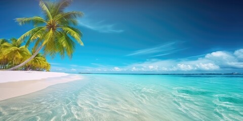 Naklejka na ściany i meble Beautiful tropical island with palm trees and beach panorama. Generative AI
