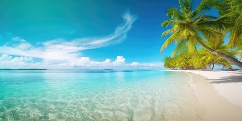 Fototapeta na wymiar Beautiful tropical island with palm trees and beach panorama. Generative AI
