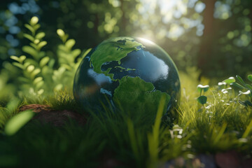 Obraz na płótnie Canvas A glass globe on a lush carpet of green moss, symbolizing our commitment to preserving the planet's biodiversity and sustainability. World Environment Day. AI Generative.