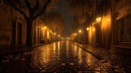 empty street of the city under the warm illumination of lanterns on a rainy night. Generative AI