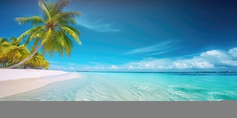 Obraz na płótnie Canvas Beautiful tropical island with palm trees and beach panorama. Generative AI