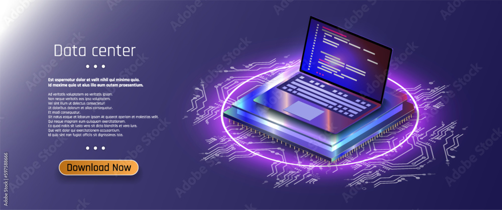 Poster futuristic microchip processor with lights on the blue background. quantum computer, computer proces