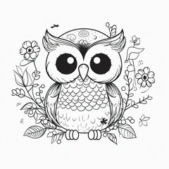 Kids coloring page of a happy owl with flowers that is blank and downloadable for them to complete. Hand drawn owl outline illustration. Animal doodle outline realistic illustration. Generative AI © Vagner Castro