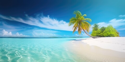 Fototapeta na wymiar Beautiful tropical island with palm trees and beach panorama. Generative AI