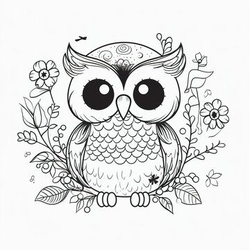 Kids coloring page of a happy owl with flowers that is blank and downloadable for them to complete. Hand drawn owl outline illustration. Animal doodle outline realistic illustration. Generative AI