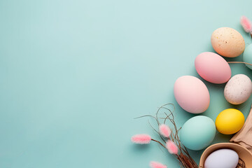 Naklejka na ściany i meble Easter, flat lay, eggs, pastel, holiday illustrations
