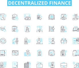 Decentralized finance linear icons set. DeFi, Decentralized, Blockchain, Crypto, Smart contracts, Tokenization, Liquidity line vector and concept signs. Yield,Transparency,Governance outline