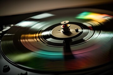 Close-up shot of a vinyl record spinning on a turntable. Classic album cover art in the background. Generative AI