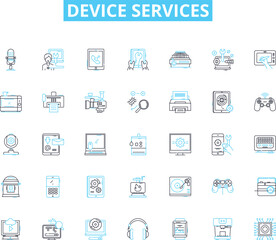 Device services linear icons set. Repairs, Maintenance, Upgrades, Optimization, Diagnostics, Troubleshooting, Configuration line vector and concept signs. Calibration,Alteration,Restoration outline