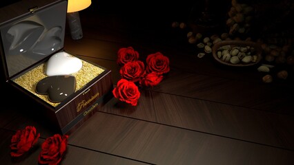 3d Illustration Premium Chocolate Box with roses, use for chocolate day or Valentine day