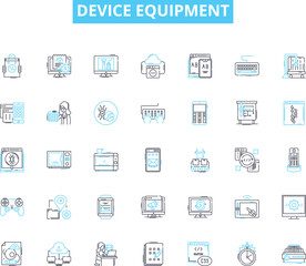 Device equipment linear icons set. Console, Monitor, Keyboard, Mouse, Printer, Scanner, Speaker line vector and concept signs. Microph,Camera,Router outline illustrations