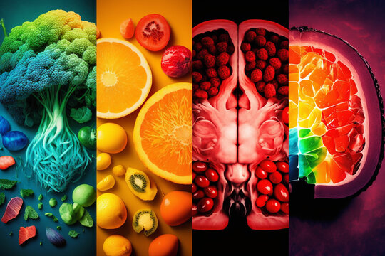 Colorful Collage showing the power of health eating, Brain Food, Fruits, Healthy Nutrition 