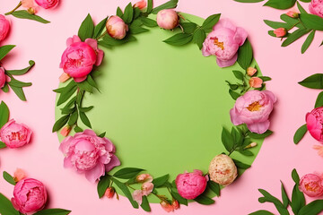 Fototapeta premium Floral round frame, wreath made of a lot of peonies flower buds and green leaves. Generative AI