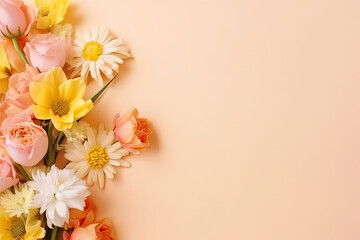 Spring flowers bouquet on pastel background top view in flat lay style. Generative AI