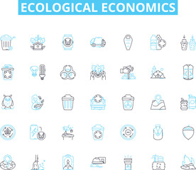 Ecological economics linear icons set. Sustainability, Environment, Economy, Resources, Climate, Systems, Policy line vector and concept signs. Conservation,Ecosystems,Degrowth outline illustrations