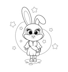 Coloring page. Cute fashionable bunny in a dress with cool bag
