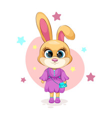 Obraz na płótnie Canvas Cartoon and cute fashionable bunny in a dress with cool bag