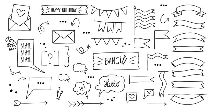 Set of doodle illustration Flags, ribbons, speech bubbles, arrows… Black outline design elements Line hand drawn vector illustration isolated on white background.