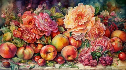 Obraz na płótnie Canvas Generate a description of a beautiful composition consisting of roses, exotic fruits, and silk in pastel tones, adorned with watercolors, using 200 words. Leave only nouns and adje 