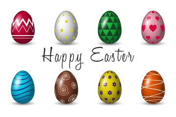 3D Easter eggs in different colors (red, white, green, pink, blue, brown, yellow and orange) with patterns