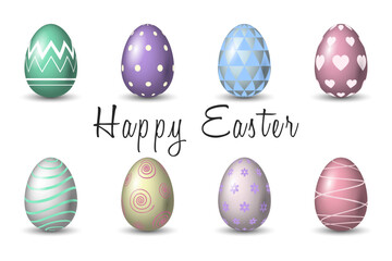 3D Easter eggs in pastel colors (mint, tosca, light green, violet, light blue, light pink, white, yellow) with patterns