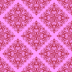 seamless graphic pattern, tile with abstract geometric red ornament on pink background, texture, design