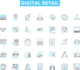 Digital retail linear icons set. E-commerce, Omnichannel, Personalization, Mobile, AI, Virtual, Augmented line vector and concept signs. Social,Analytics,Cybersecurity outline illustrations