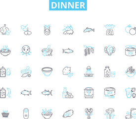 Dinner linear icons set. Feast, Plate, Meal, Dine, Cuisine, Supper, Eat line vector and concept signs. Food,Gourmet,Entree outline illustrations