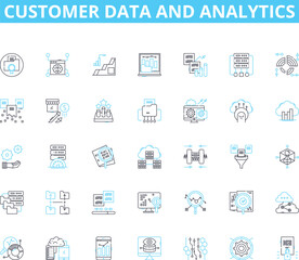 Customer data and analytics linear icons set. Segmentation, Personalization, Profiling, Insights, Targeting, Metrics, Optimization line vector and concept signs. Behavioral,Engagement,Loyalty outline